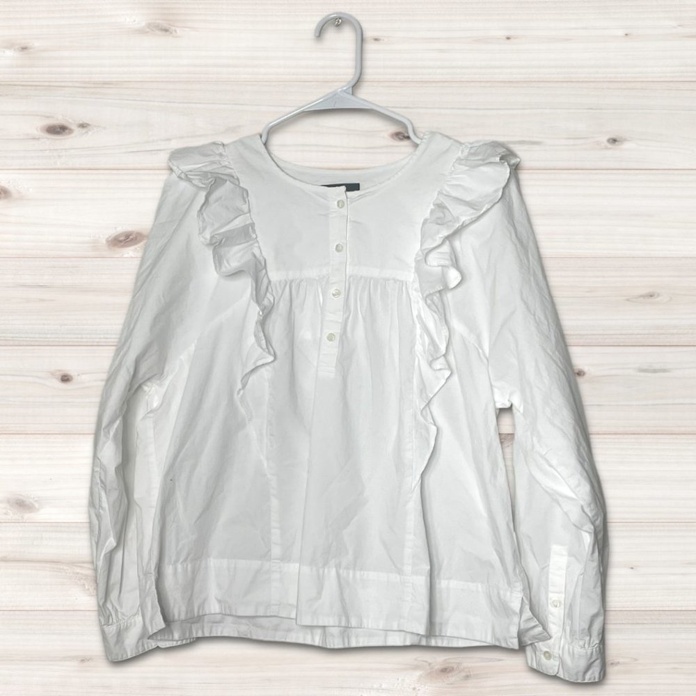 J.Crew White 100% Cotton Ruffle Front Button Blouse Size 10